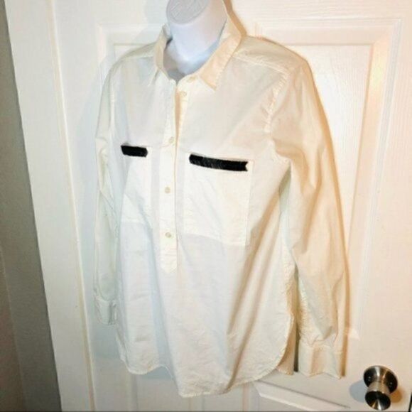 J.Crew Factory Beaded Pocket Half Button Down Cotton Tunic Shirt Ivory White M - Picture 3 of 8